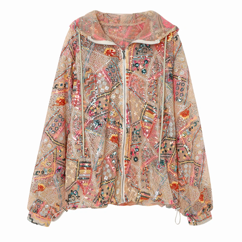 Chaqueta europea elegante de lentejuelas para mujer, abrigo rosa Floral ostentoso colorido, sudadera informal holgada de manga larga con capucha, prendas de vestir exteriores Ins Spring