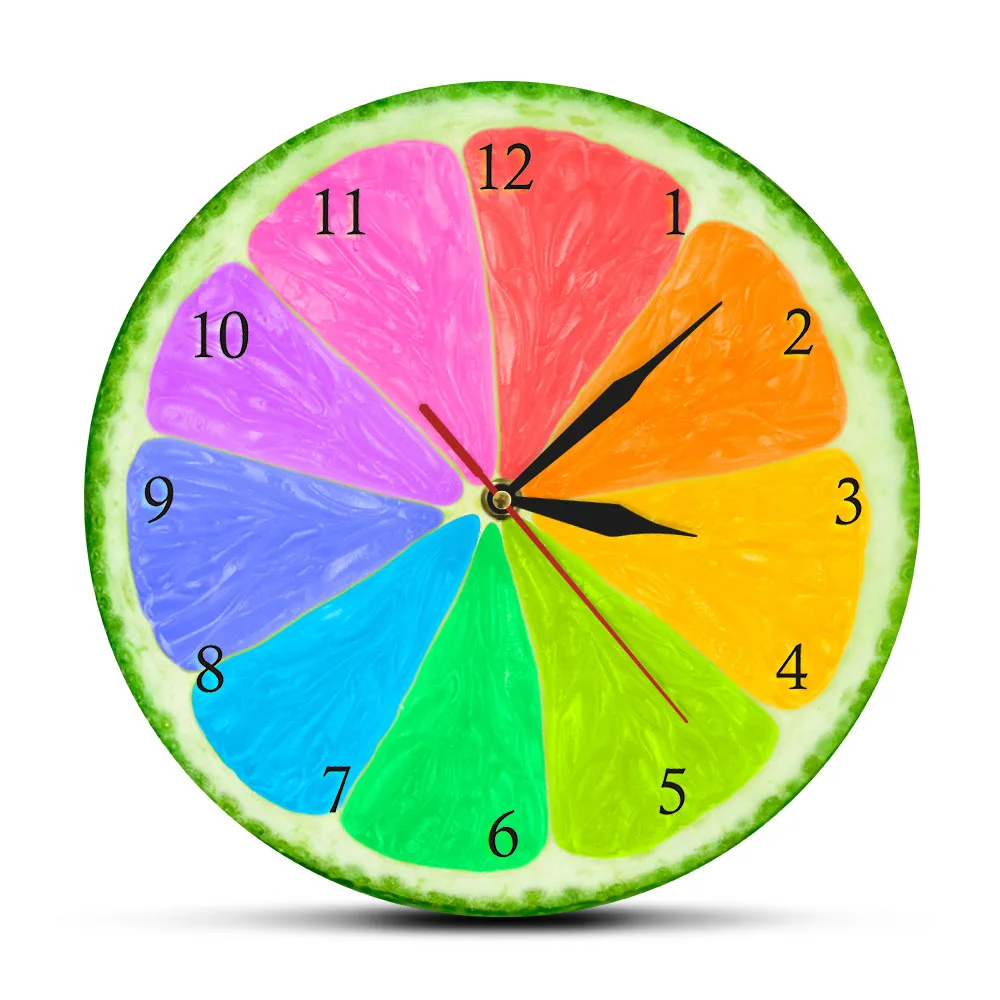 Citrus Rainbow Wall Clock Silent Non ticking Natural Flavors Home Decor Grapefruit Lime Slice Color Wheel Hanging Wall Watch