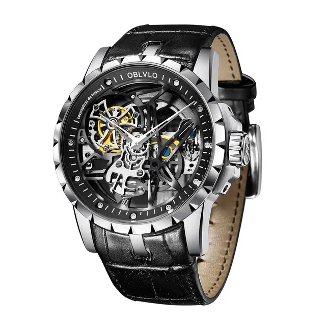 OBLVLO ساعة أوتوماتيكية للرجال 46 ملم ساعة يد ميكانيكية مضيئة هيكل عظمي مينا 50 متر مقاومة للماء Relogio #5