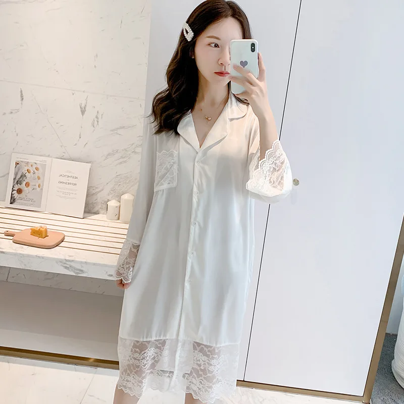 

Satin Silk Nightgown Sleep Shirt Women Sleepwear With Lace Casual Nightdress Lingerie 2021 New Nightwear Soft Home Dressing Gown