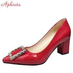 Aphixta 2022 New 7cm Square Heels Pumps Women Shoes Crystals Buckle Luxury Design Wedding Party Official Leisure Big Szie 50