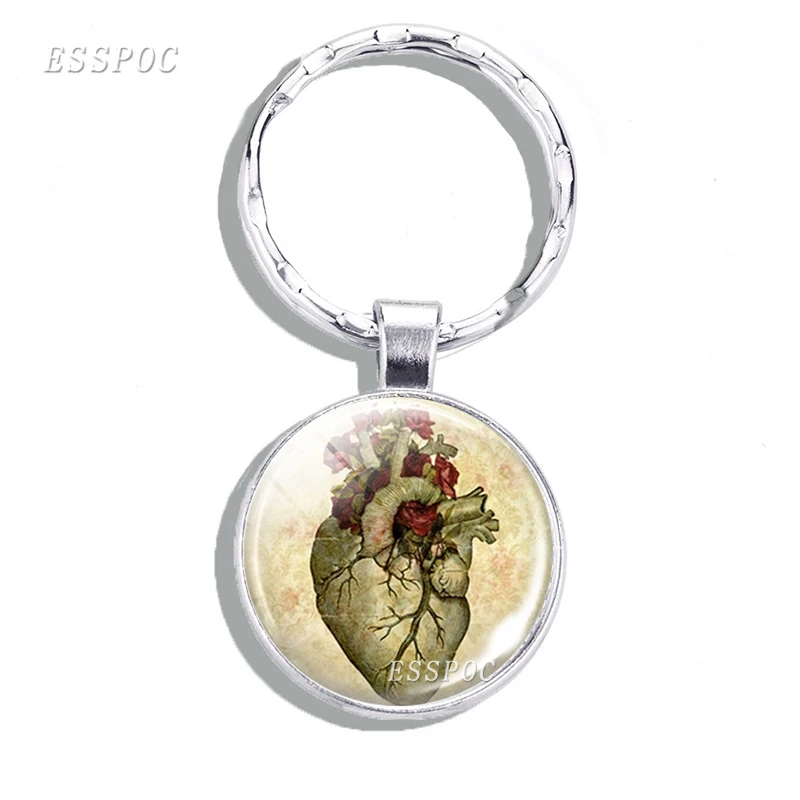 Creative Car Keyring Anatomical Heart Newspaper Glass Cabochon Keychain Anatomical Heart Vintage Jewelry