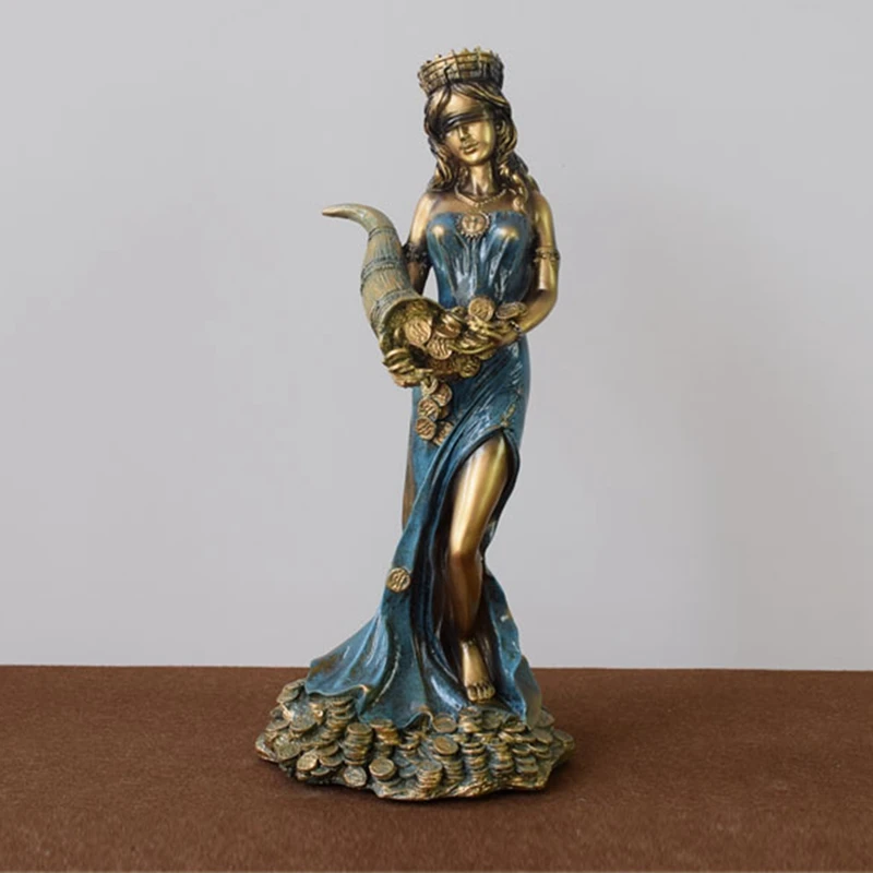 Vintage Blindfolded Fortuna Statue, Ancient Greek, Roman Goddess of Fortune, Blue Luck Sculpture, Luck Decorations for Home