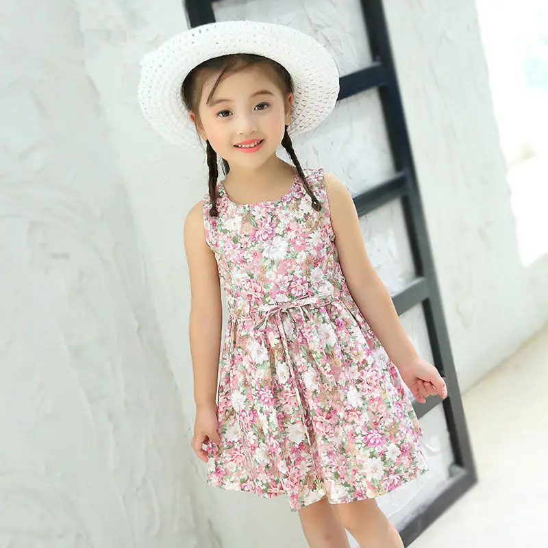 2PCS/Set Girls Dress +Hat Cotton Comfortable Children\'s Dress 2024 Summer Dress Floral Girls\' Sleeveless Dress For Children