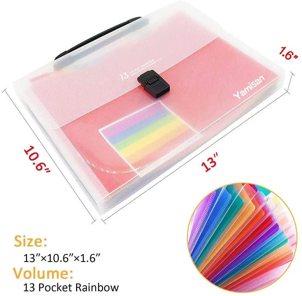 A4 Size 13 Pockets-Handle Plastic Expanding Accordion Folders Portable File Organizer Multi-Colour Large Capacity Document