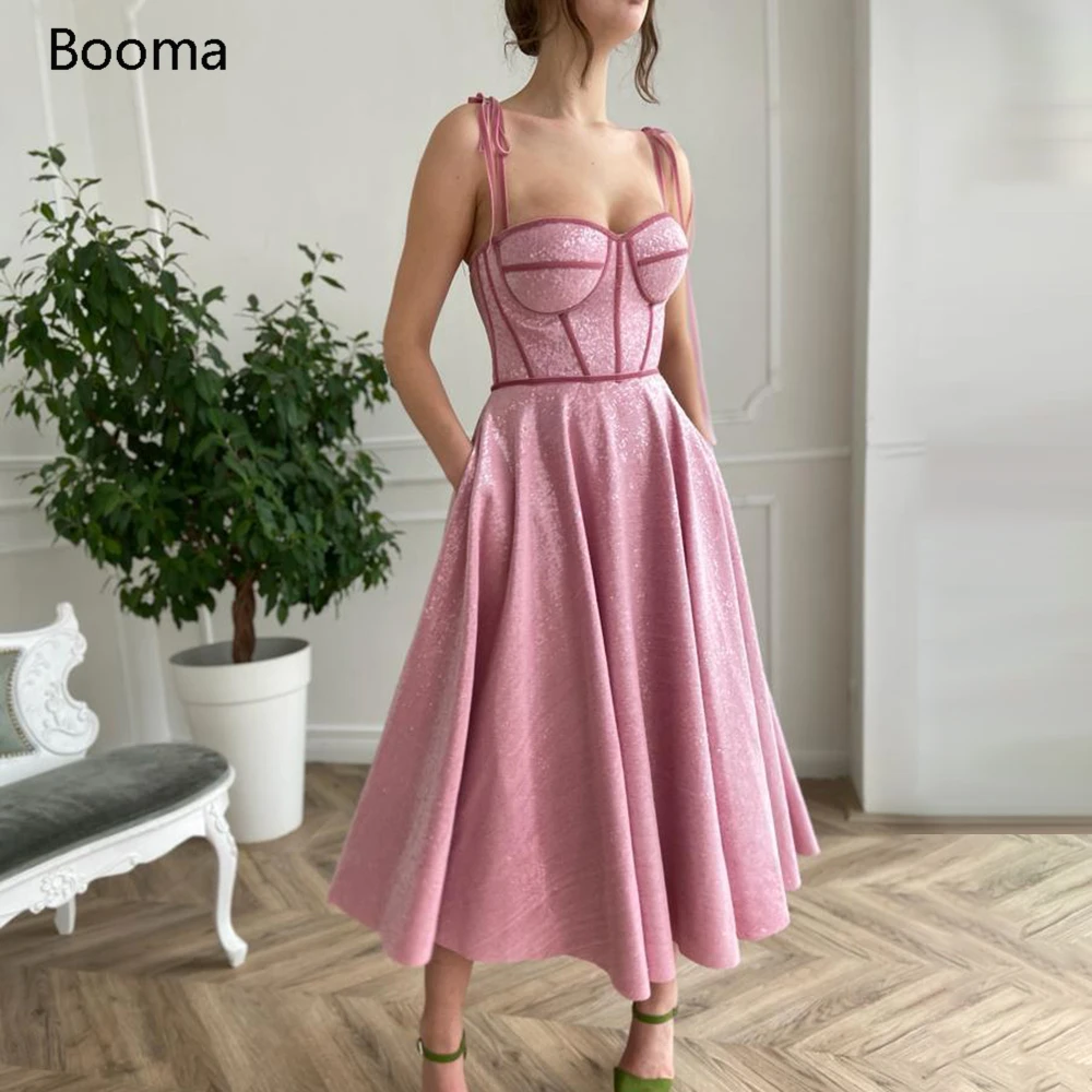 Booma-Pink Sparkling Prom Vestidos com bolsos, vestidos curtos de festa formais, cintas de espaguete, chá de comprimento, lantejoulas Midi, desossada