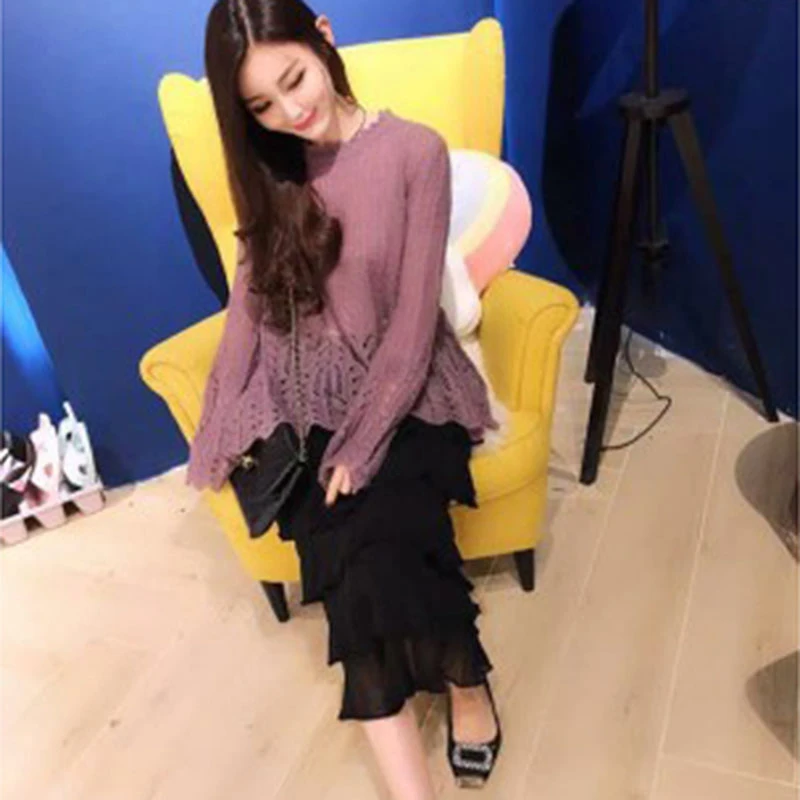 2023 Sexy Purple Women Pullover Knitted Sweater Perspective Summer Korean Fashion Sweaters Trumpet Long Sleeve O-neck Pull Femme