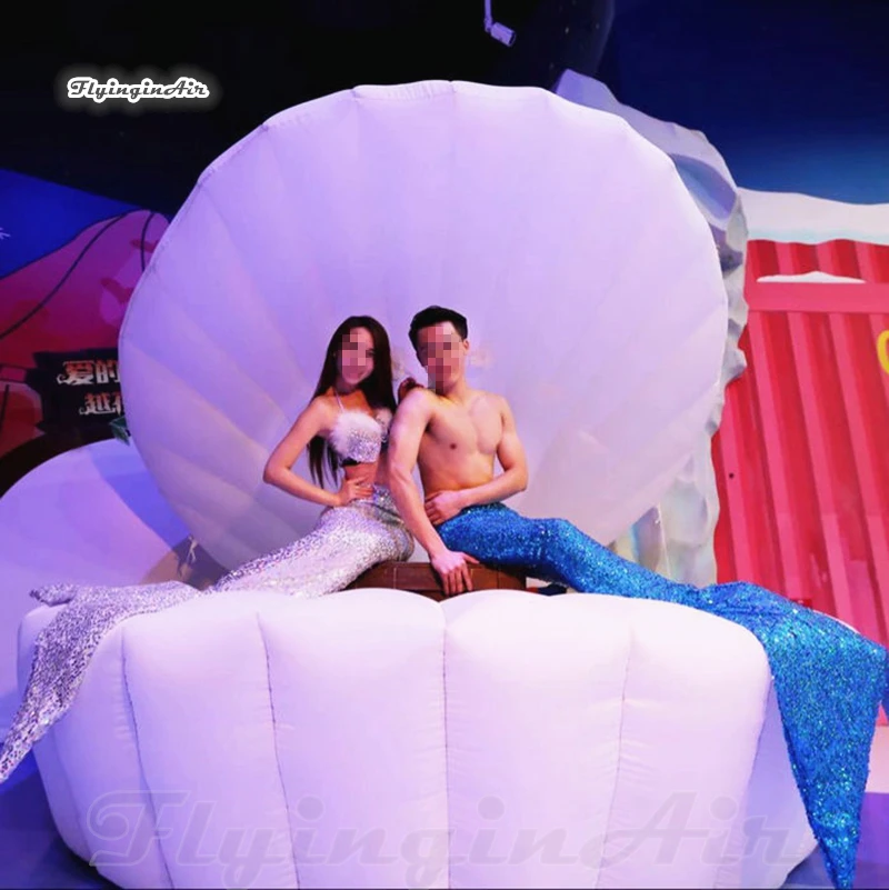 Wedding Party Couple Appearance Props 3m Height Giant White Inflatable Shell With Color Changing LED Light For Theme Show