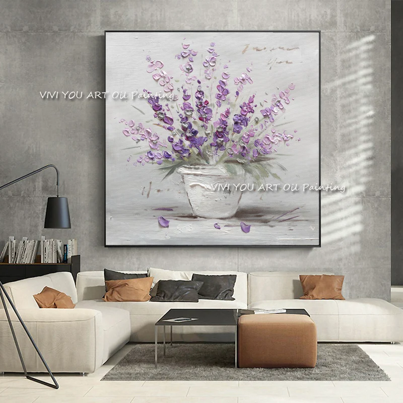 Palette knife Hand Painted Purple Flower Oil Painting Abstract Art Home Living Room Canvas Wall Living Room Decoration Picture