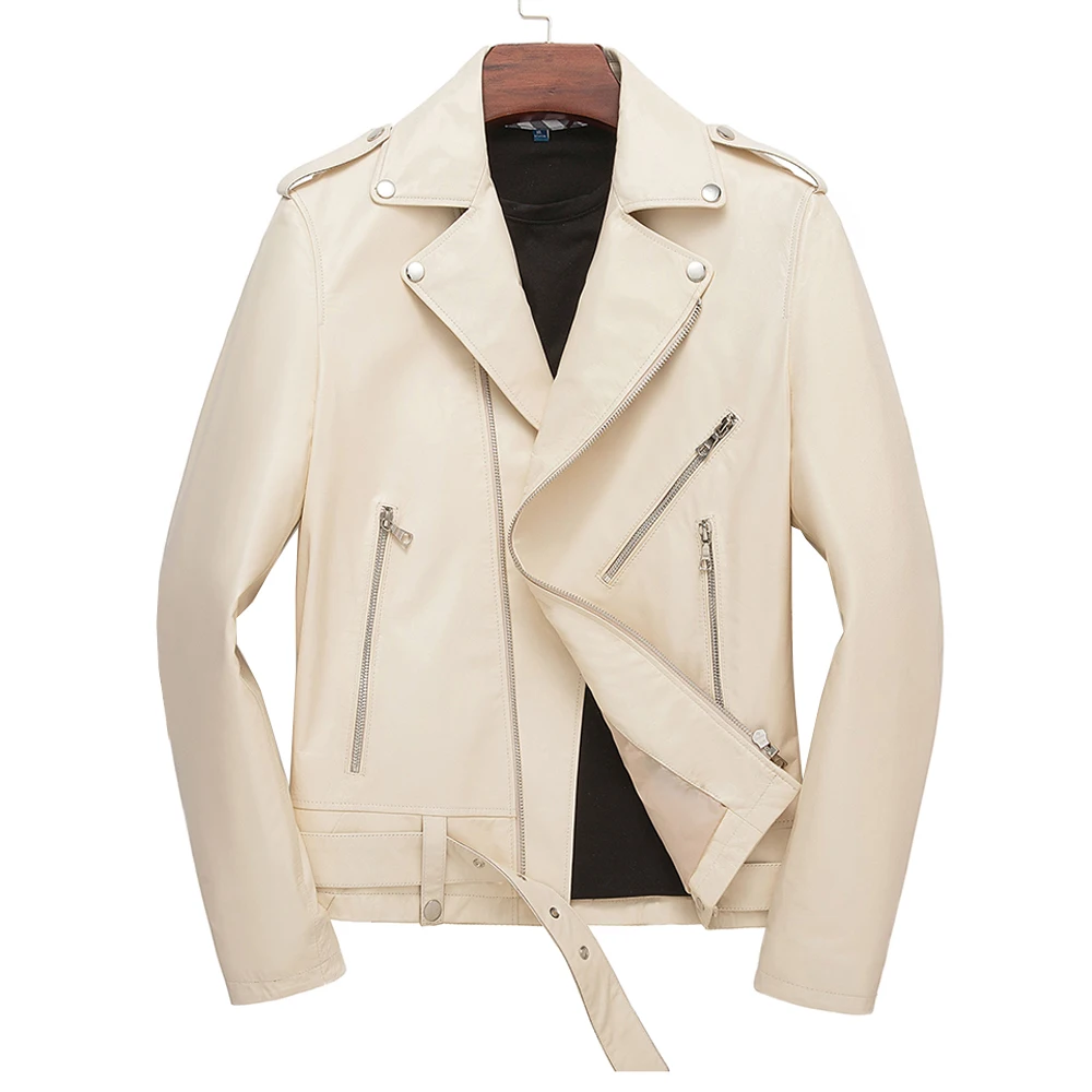 New White Casual Formal Genuine Leather Jacket Men Autumn Spring Good Quality Slim Short Real Sheepskin Leather Coat