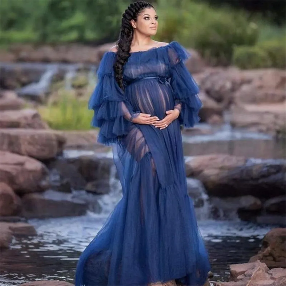 

See Through Maternity Prom Dresses for Photo Shoot Sleepwear Photography Props Pregnancy Clothes Tiered Ruffles Bridal Jackets