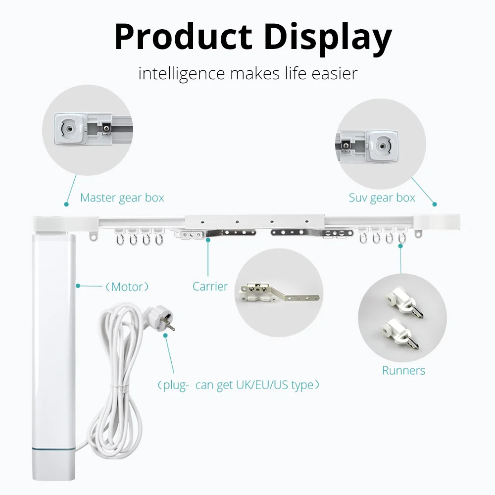 Zemismart Smartthings Control Z-wave Motorized Slide Shade Motor With Curtain Track And Wall Switch Customized App Control