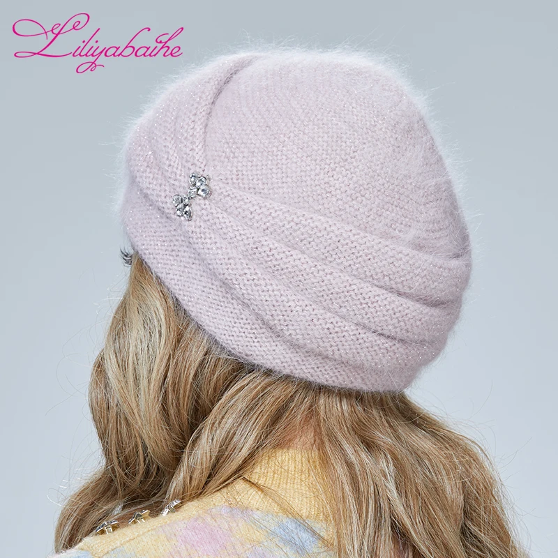 Liliyabaihe  Winter Women Hat Knitted Angora Wool Three-dimensional sewing  double warm Hat Diamond decoration