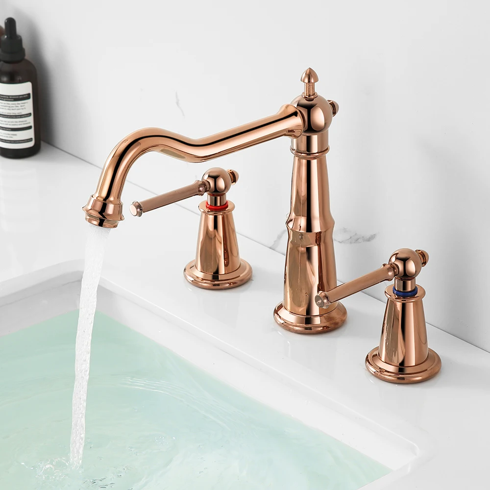 Luxury Top Quality Brass Bathroom sink faucet 3 holes 2 handles Basin mixer Tap Fashion copper Original design faucet,Rose gold