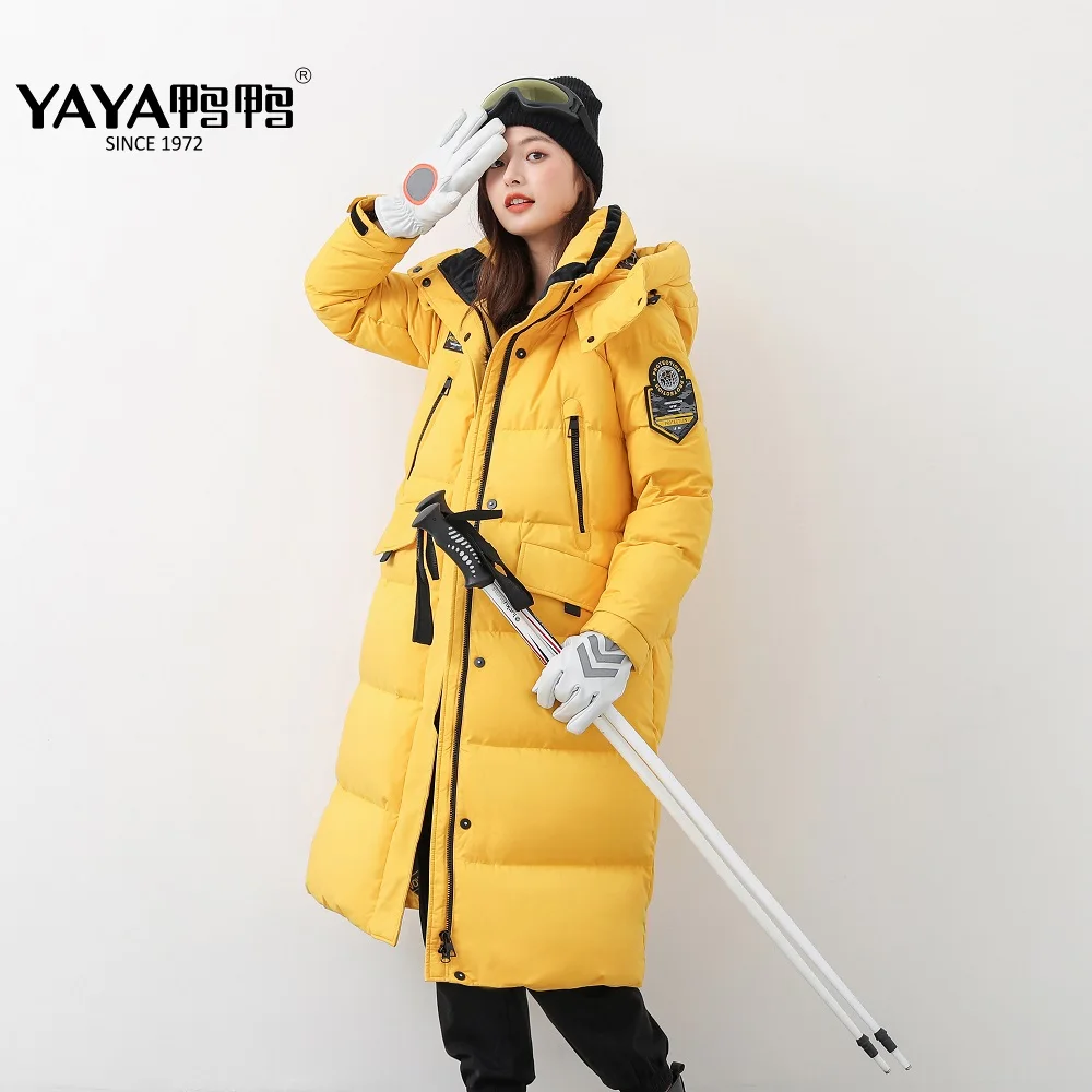YAYA 2021 Women\'s 90% Down Jacket Hooded WindBreak Waterproof Thick Fabric Long Winter Overcoat Stand Collar Padded Parka