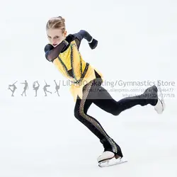 Figure skating uniform Girls Dress Pants Yellow Lycra ballet Jumpsuits Rhythmic Leotard Teens Skating dress  dance costume Women