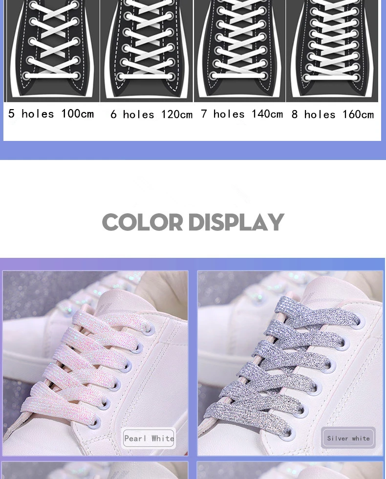 Bunte funkelnde flache Schnürsenkel für sportliche Laufschuhe, Turnschuhe, Schuhe, Stiefelschnüre, glitzernde Schnürsenkel, 1 cm Breite, 1 Paar – Detail 9