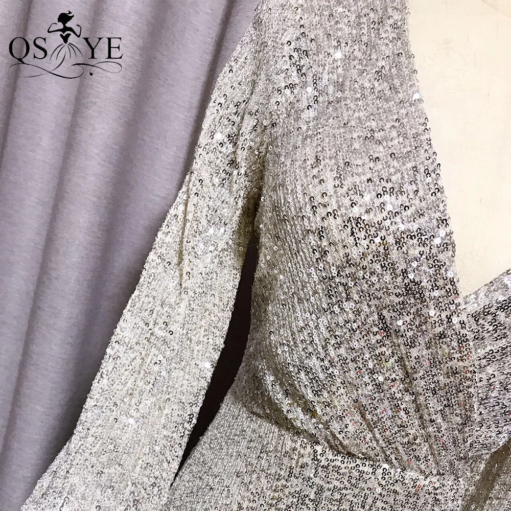 QSYYE Sparkle Gold Evening Dress Fit Mermaid Long Sleeves Evening Gown Glitter V Neck Split Party Dress Sequin Formal Gown 2021