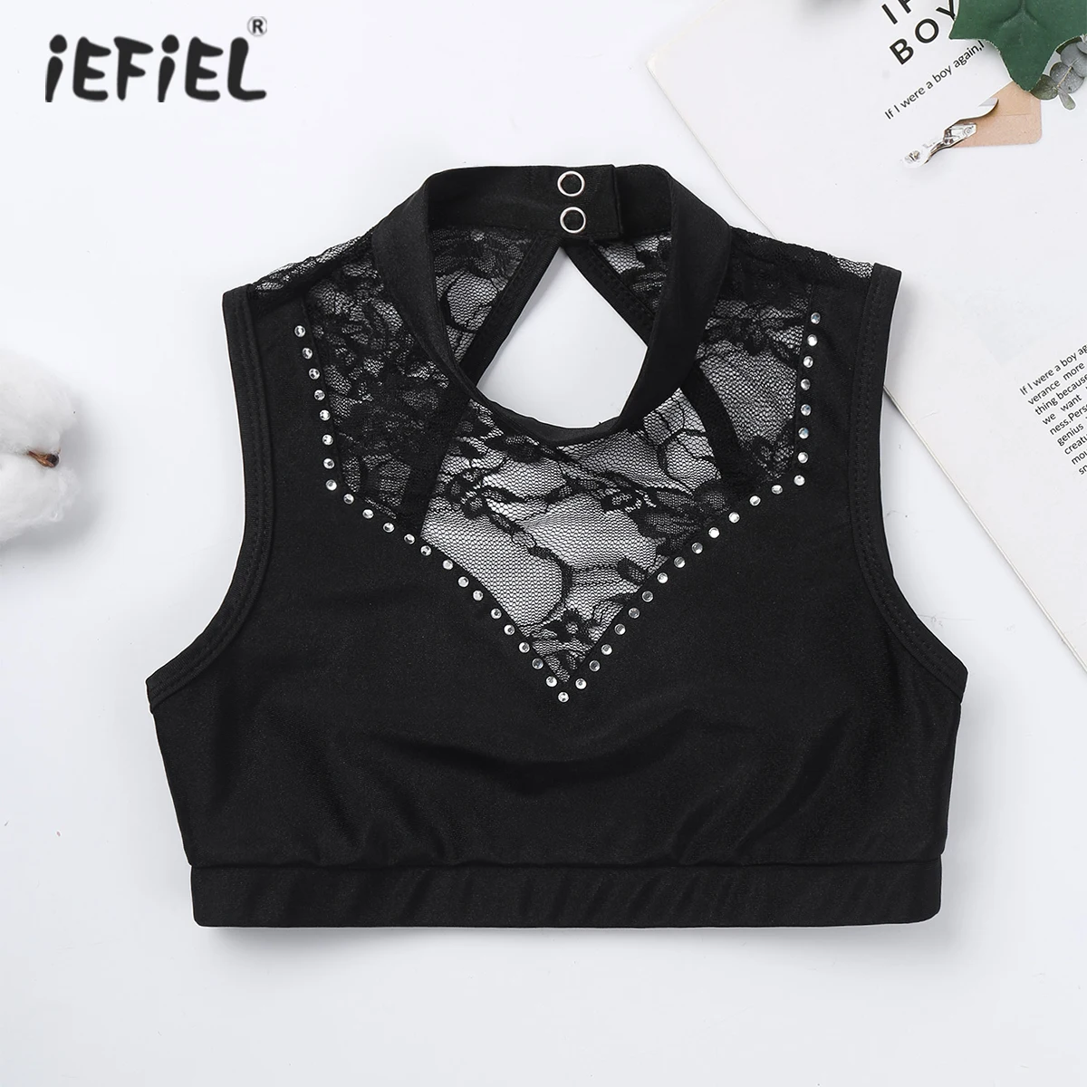 Kids Girls Ballet Dancewear Sleeveless Backless Lace Mesh Flower Pattern Crop Top Children Gymnastics Ballet Dance Tank Tops