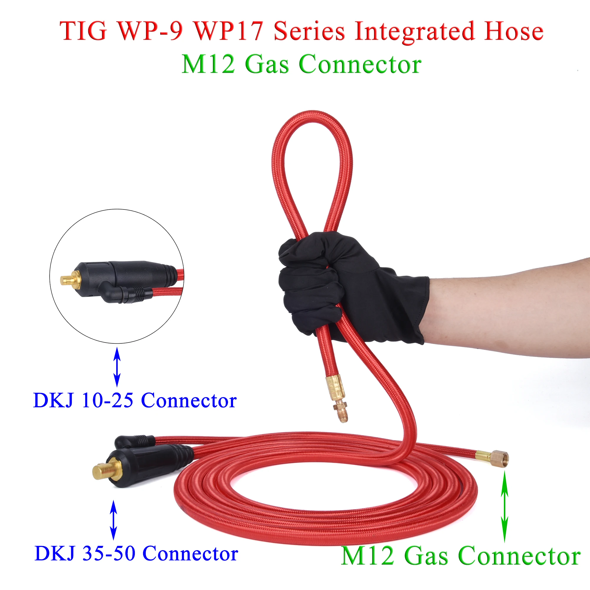 3.8/7.6m wp9 wp17 tig tocha de soldagem gás-elétrico integrado vermelho macio mangueira cabo fios m12 dkj 10-25 35-50 euro conector