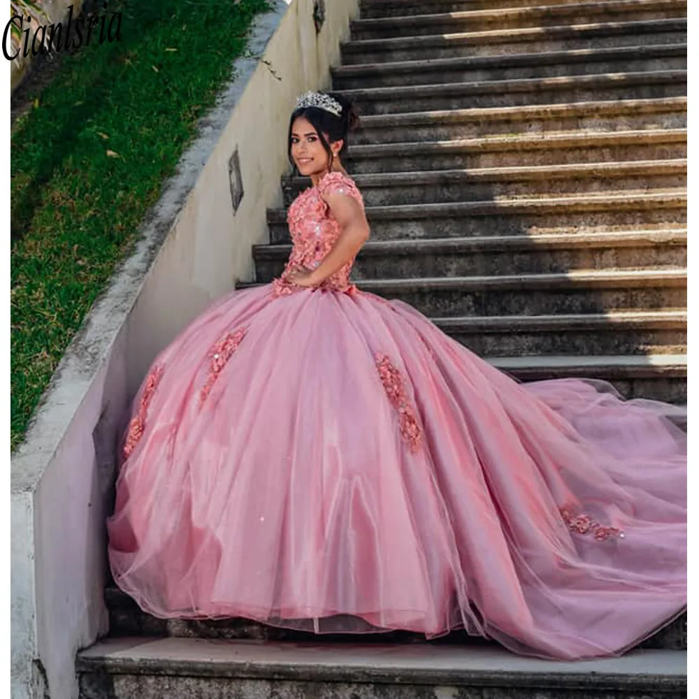 Vestidos de princesa rosa para quinceañera, vestidos de manga larga con hombros descubiertos, 15 vestidos brillantes para fiesta de cumpleaños, dulce 16, 2021