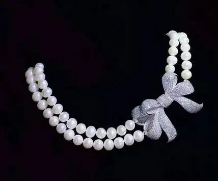 

Hand knotted 43-46cm 8-9mm white freshwater pearl butterfly micro inlay zircon accessories necklace