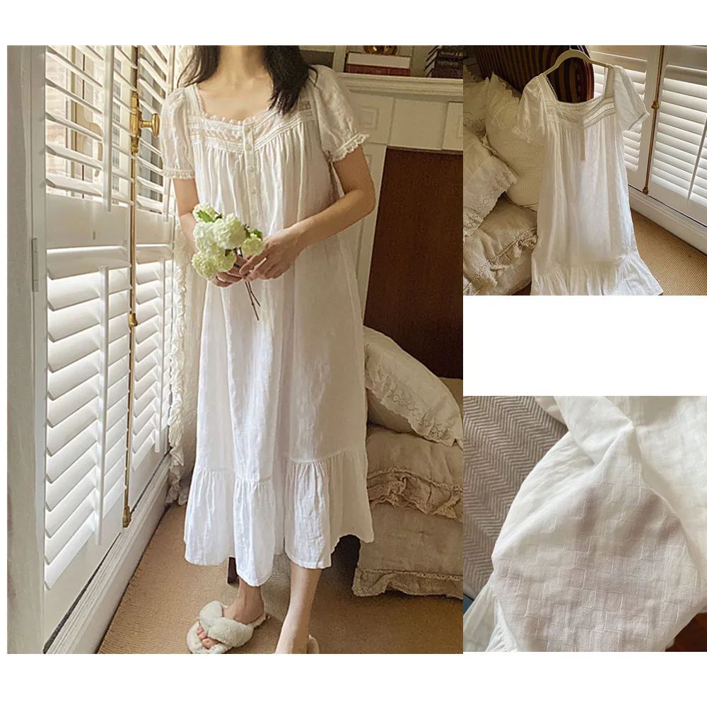 Women Summer Thin Style 100% Cotton Sleepwear Sweet Lace V-Neck Short Sleeves Nightdress Princess Victoria White Long Nightgowns