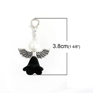 Doreen Box Guardian Angel Wing Clip On Charms For Vintage Bracelets Flower Antique Silver Color Acrylic Beads 38 x 22mm, 10 PCs