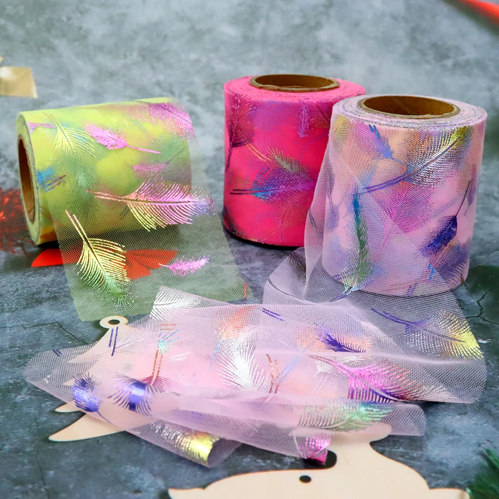 7.5cm 25Yards Colorful Feather Printed Organza Ribbon Tulle Mesh Tape DIY Craft Bouquet Party Decoration Gift Wrapping 3inches