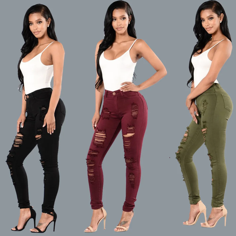 

2021 Summer New Woman Ripped Slim Jeans Fashion High Waist Elastic Denim Pencil Pants Street Trendy Trousers S-3XL Drop shipping