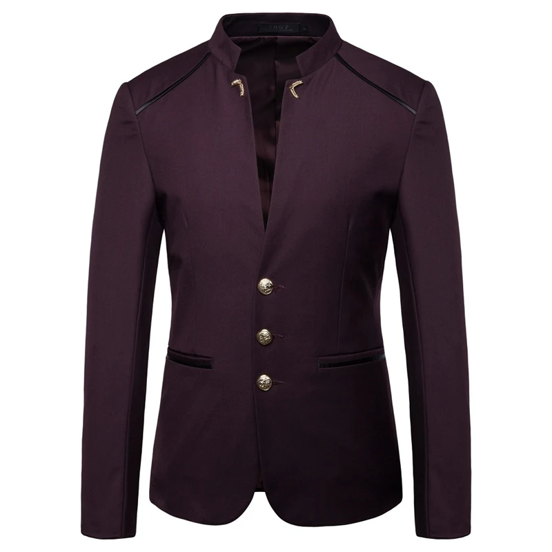 Blazer de cuello alto negro para hombre, Chaqueta de vestir de fiesta de boda, corte ajustado, chaqueta de botonadura única, azul marino, vino rojo,