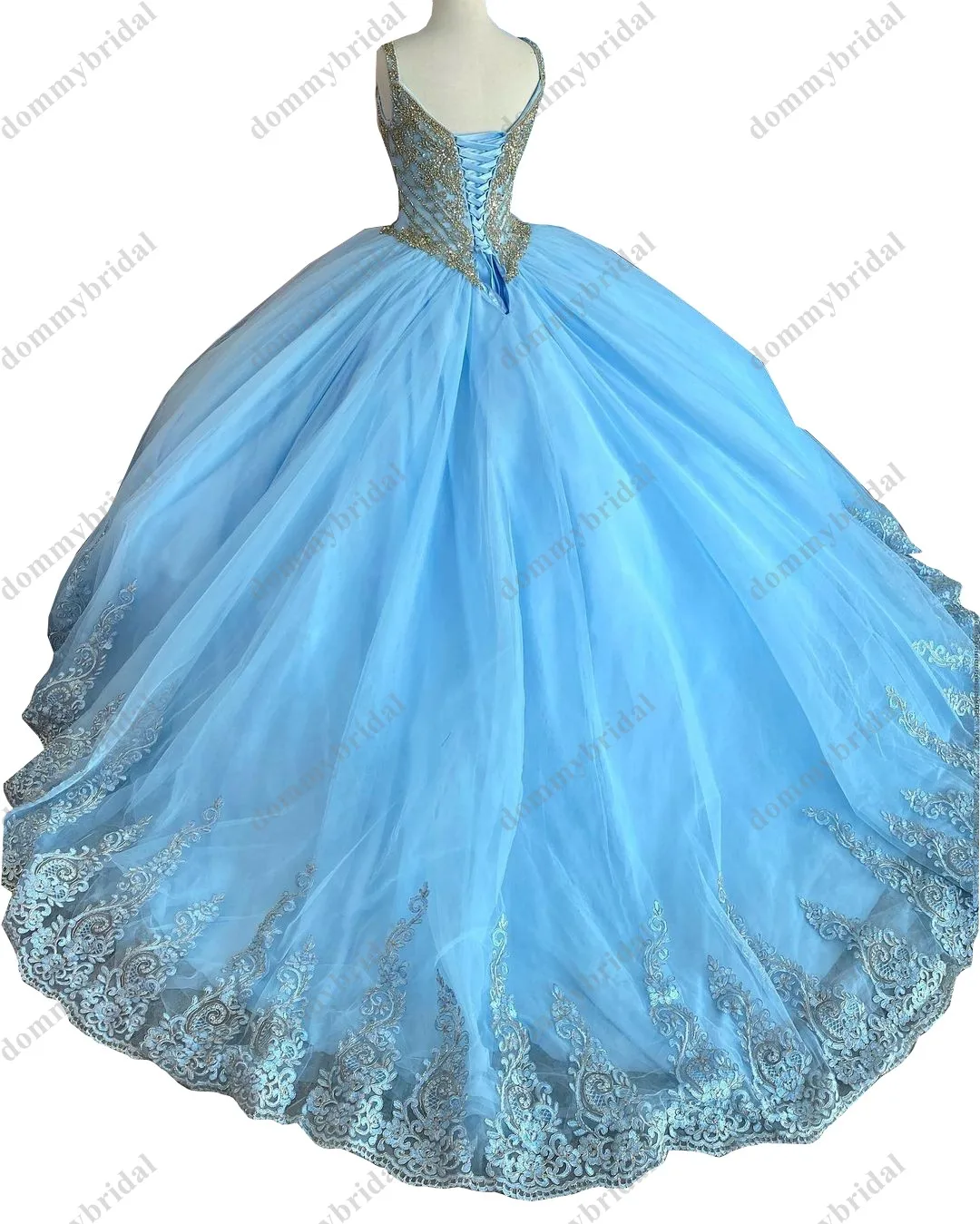 Modest Light Blue and Gold Embellishment Ball gown Quinceanera Dress Cocktail Party Prom Dresses for Girls Mexican Sweet 15 16