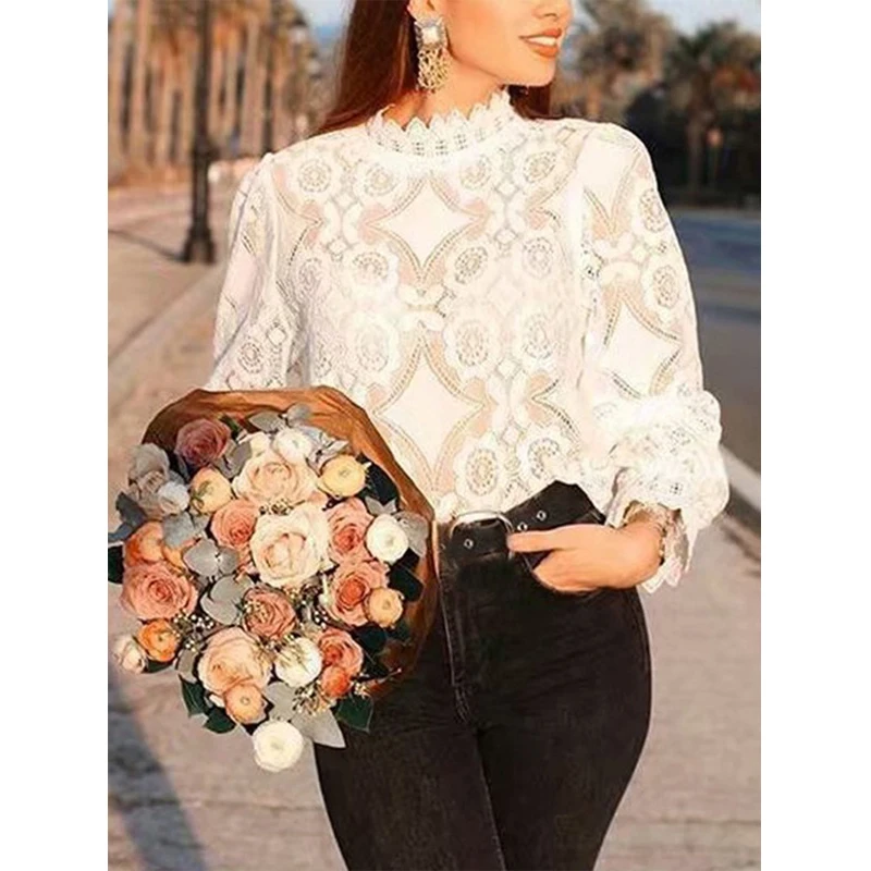 Women Lace Blouse Elegant Formal Embroidery Long Sleeve White Shirts Office Lady Flower Hollow Fashion Female Chemise Clothing