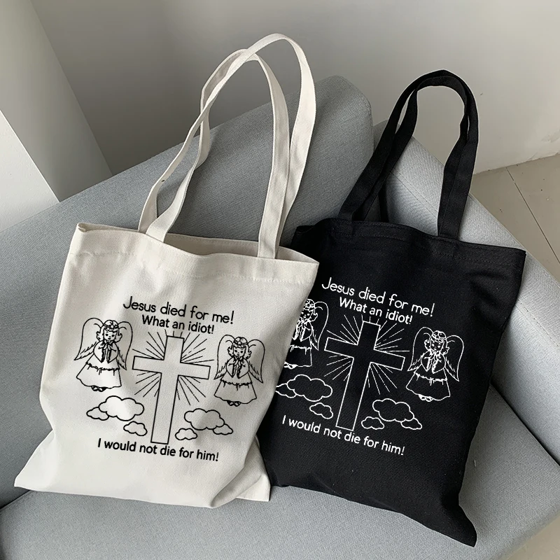 Jesus Died for Me Canvas Bag Casual Harajuku Cartoon Letter New Punk Large Capacity Women's Shoulder Bag Ulzzang Shopping Bags