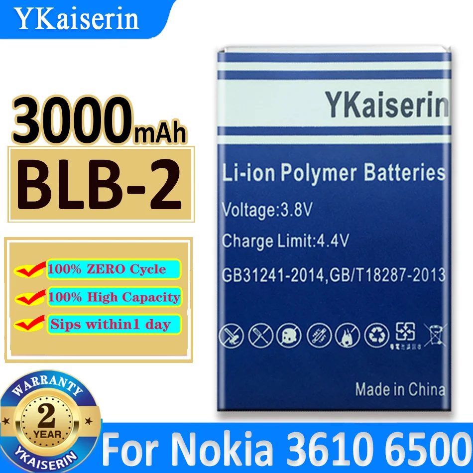 3000mAh YKaiserin Battery BLB-2 BLB2 For Nokia 8210 8250 8850 8910 8310 5210 6500 6590 6510 3610 8270 8910i 7650 6590i Bateria