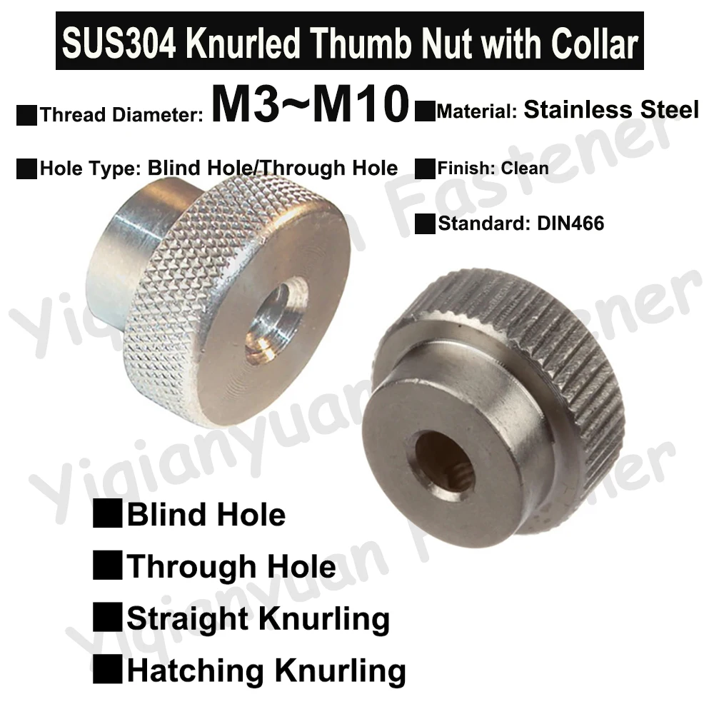 M3 M4 M5 M6 M8 M10 DIN466 SUS304 Stainless Steel Knurled Thumb Nut with Collar Blind/Through Hole 3D Printers Parts Curtain Wall