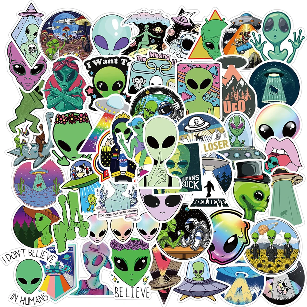 10/30/50PCS Cartoon UFO Alien Stickers Laptop DIY Motorcycle Luggage Phone Guitar Skateboard Waterproof Joke Sticker Kid Toy