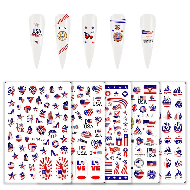 8pcs/set Fashion New Arrive American Flag Nail Stickers Sets American Independence Day National Day Flag Elements Nail Decals