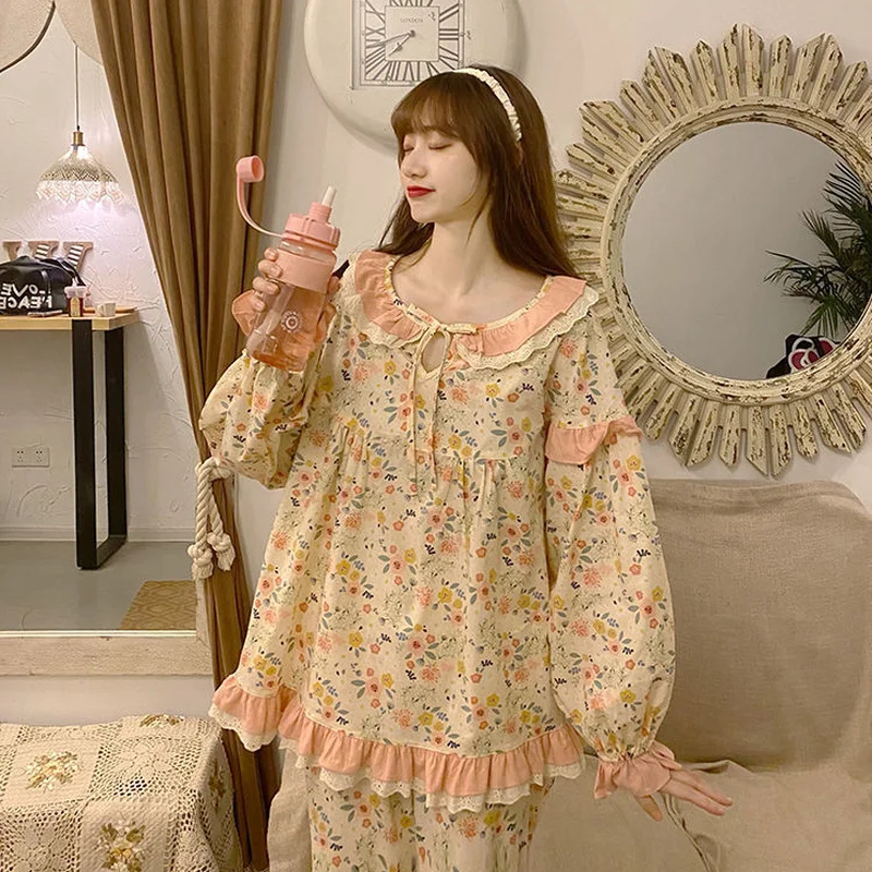 Pajama Sets Women Floral Tender Vintage Full Length Sweet Homewear Ins Girlish Korean Style Casual Fashion All-match Lovely New