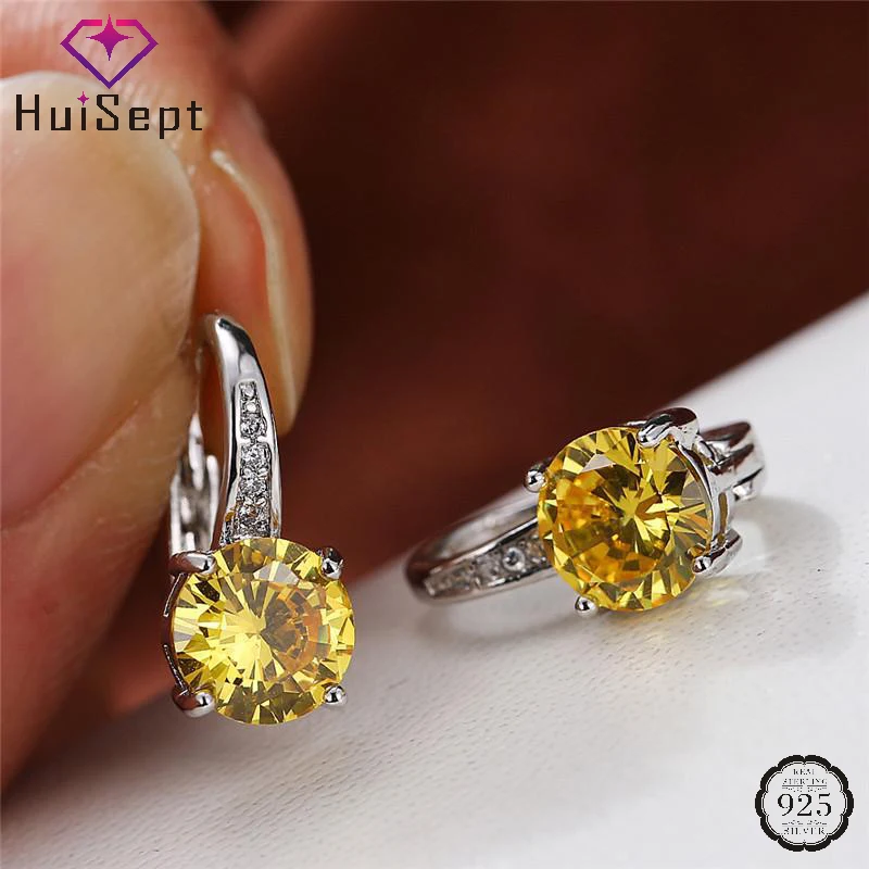 

HuiSept Drop Earrings 925 Silver Jewelry with 7mm Zircon Gemstone Round Shape Earrings for Women Wedding Party Gift Accessories