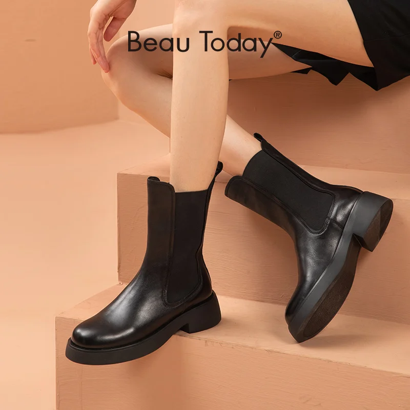 

BeauToday Chelsea Ankle Boots Women Genuine Cow Leather Waxing Round Toe Elastic Band Thick Bottom Female Shoes Handmade 02502