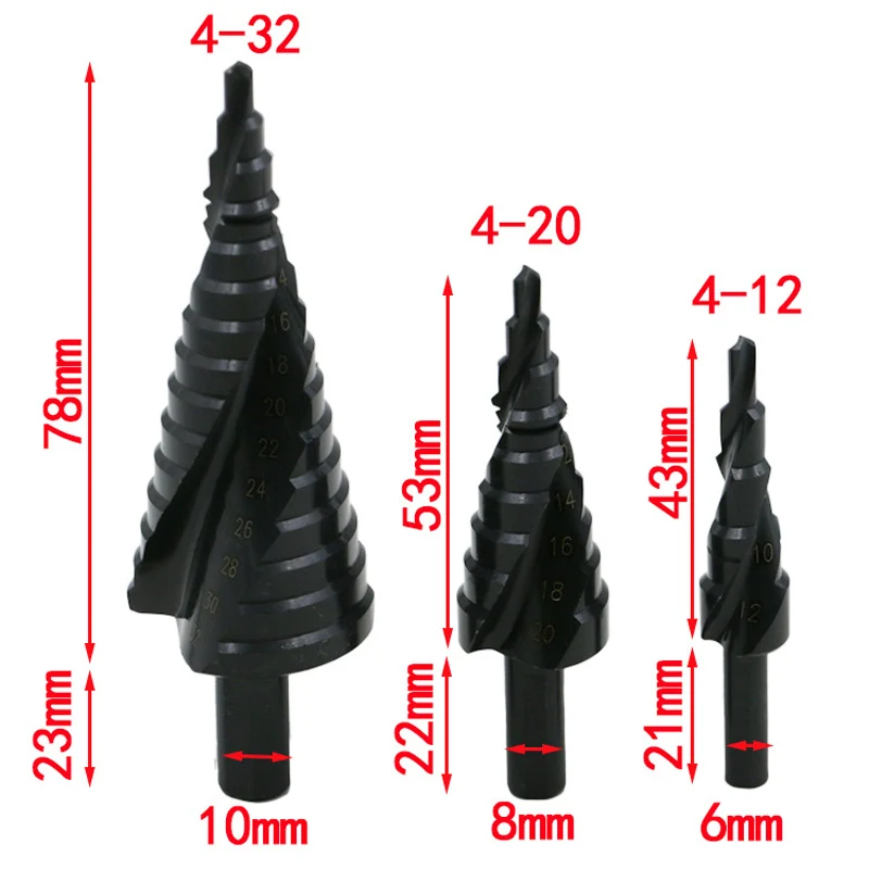 MetalCone Triangle Shank Hole Metal drills 4-12/20/32mm HSS Cobalt Step Drill Bit Set Nitrogen High Speed Steel Spiral DrillBits