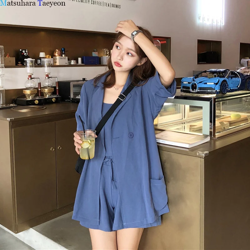 Conjunto de tres piezas de pantalones cortos de cintura alta para mujer, traje holgado con tirantes de Color sólido, moda de estilo coreano, novedad