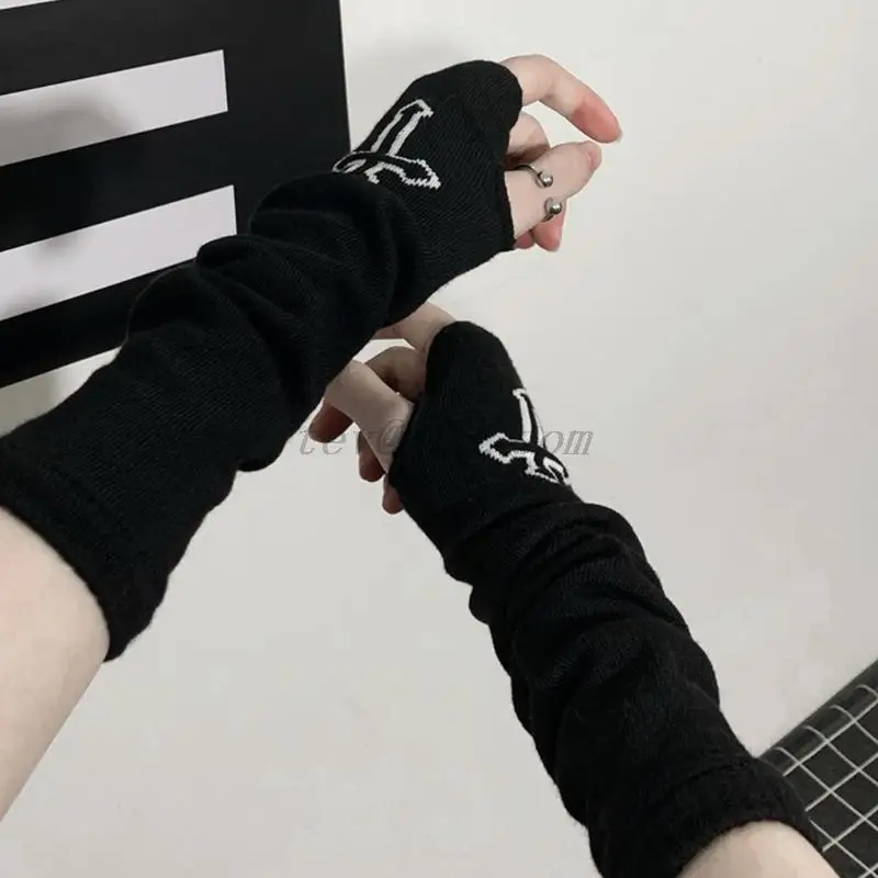 Gothic Harajuku Punk Style Black Cross Half Finger Long Glove Women Knit Length Sleeve Fingerless Gloves Streetwear