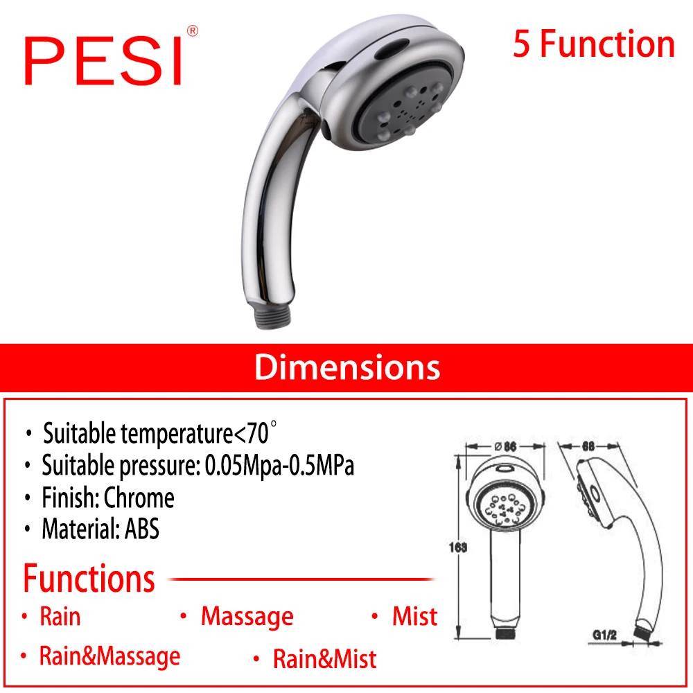 Bath Shower Adjustable Jetting Shower Head Water Saving Handheld Bathroom Adjustable 5 Modes SPA Shower Bath Head.