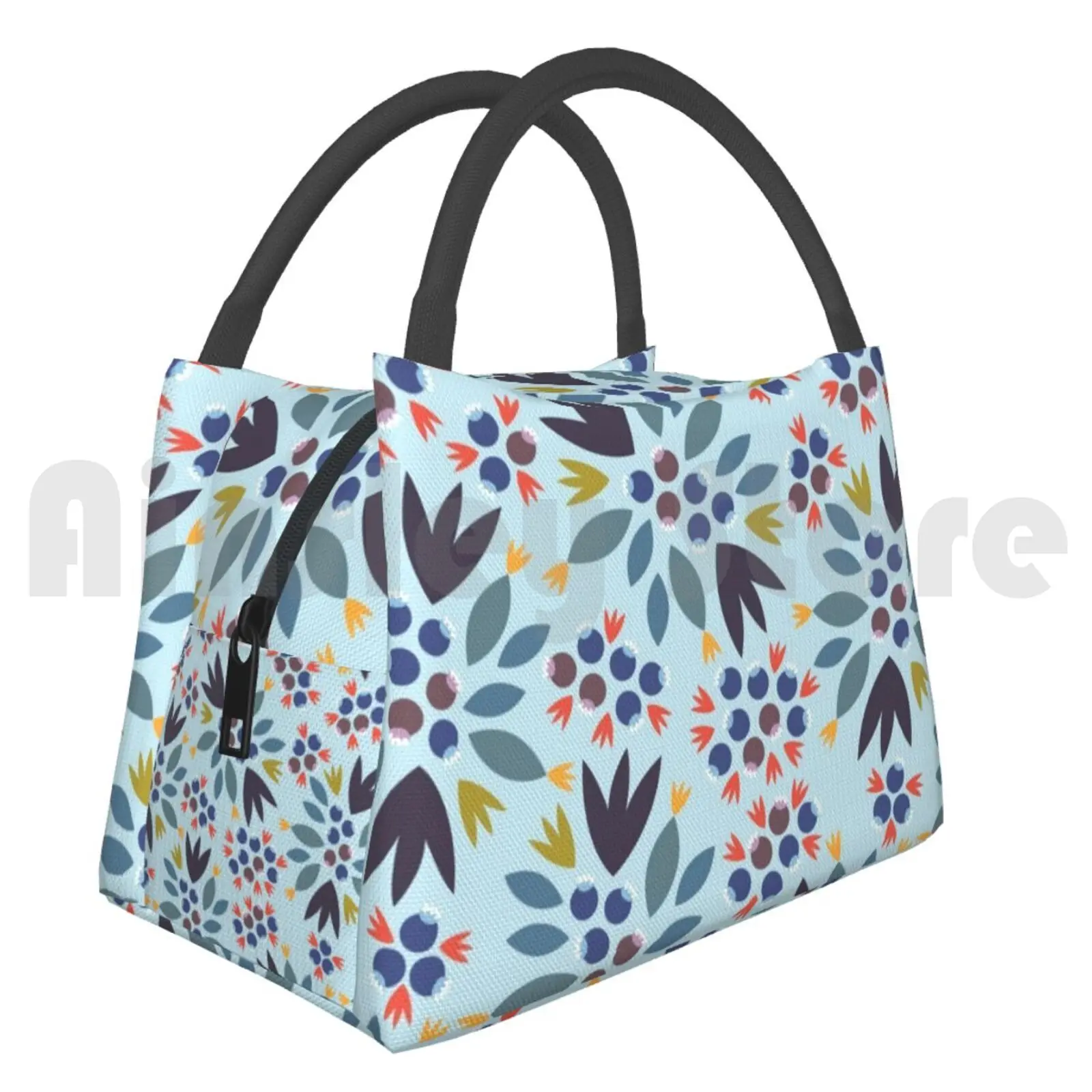 Portable Insulation Bag Blueberry 1346 Blueberries Berries Red Blue Bright Bold Floral Food Fruit Leaves Leaf