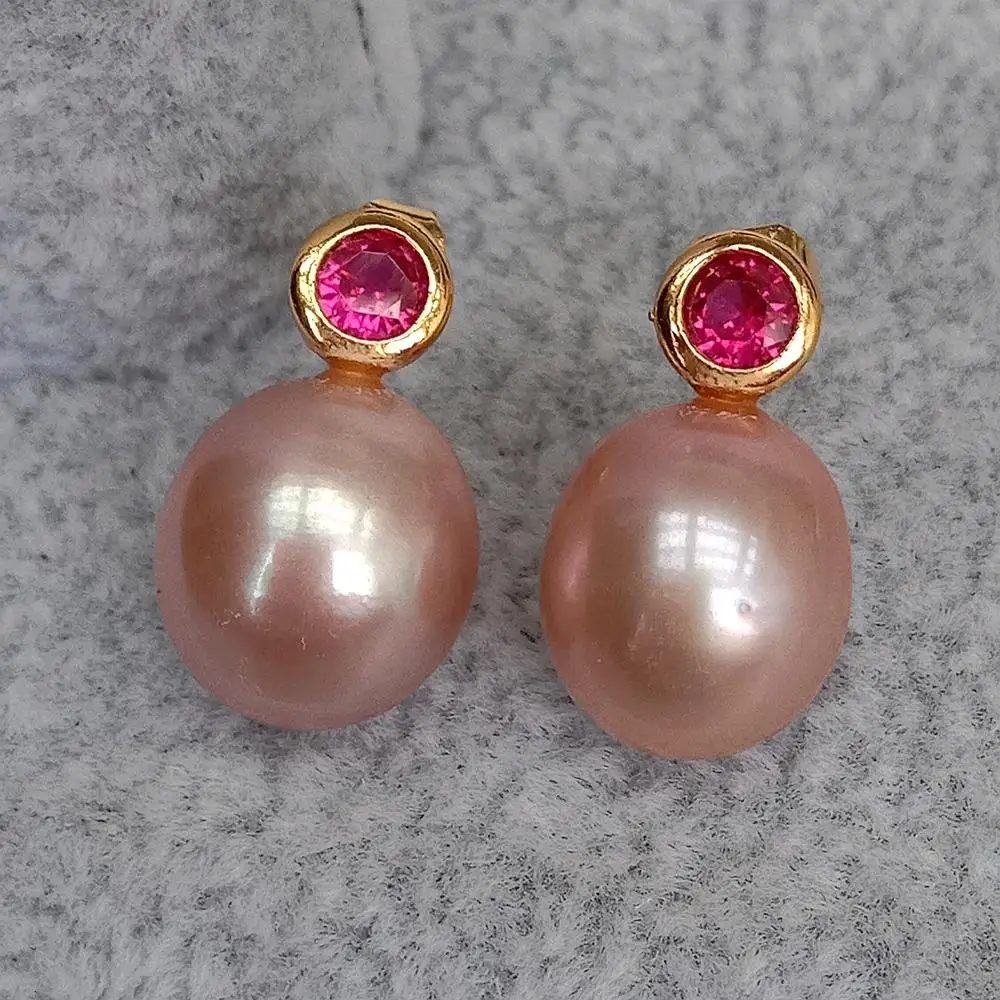 KKGEM Natural 10x13mm Cultured Purple Freshwater Pearl Fuchsia Rhinestone Pave Stud Earrings Wedding for Women view 3