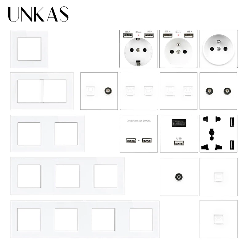 

UNKAS Modules DIY Combination Free Matching French EU Socket USB Charger TV RJ12 Telephone RJ45 Computer Glass Panel Outlet