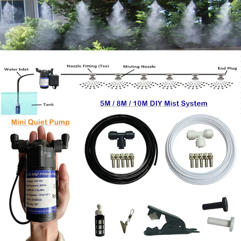 

S412 DIY 5M/8M/10M watering kit 24V DC quiet 0.5L/min mist pump fine fog nebulizer slip lock nozzle 1/4'' PE hose garden sprayer