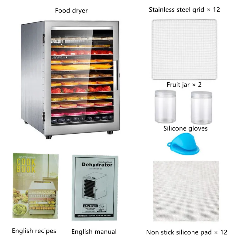 12 Lantai Pengering Buah Dehidrator Makanan Daging dan Makanan Laut Pengering 110V ~ 220V Smart Touch Bahan Stainless Steel pintu Kaca Tempered
